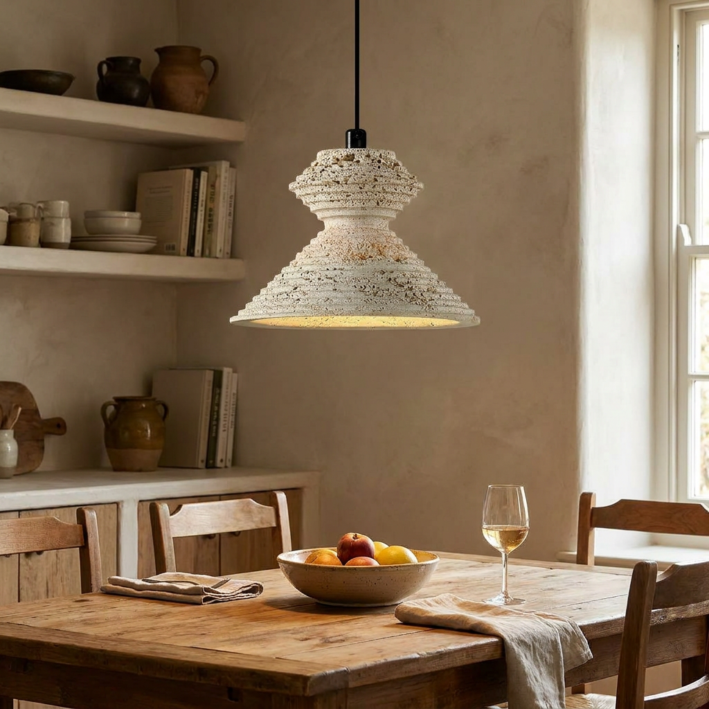 Naia travertine pendant light hanging above a kitchen island in a calm Japandi interior