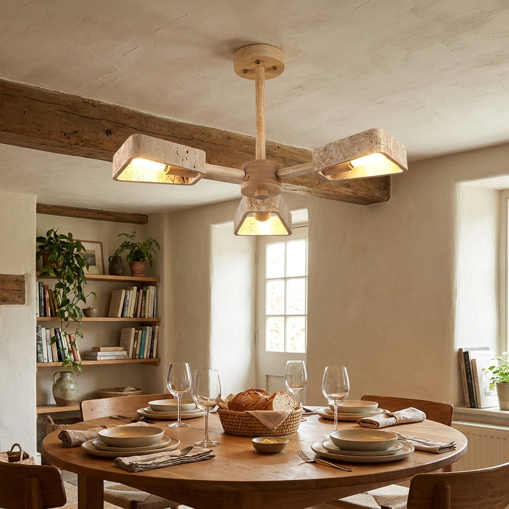 Tomoe Travertine Wood Chandelier hanging above a dining table in a Japandi interior