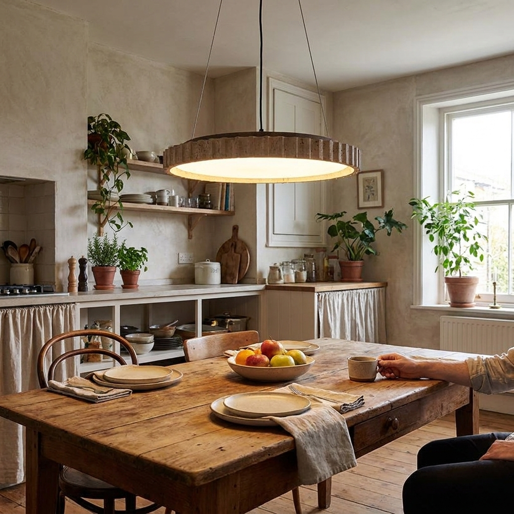 Yumi travertine circle pendant light hanging above a kitchen island in a Japandi interior
