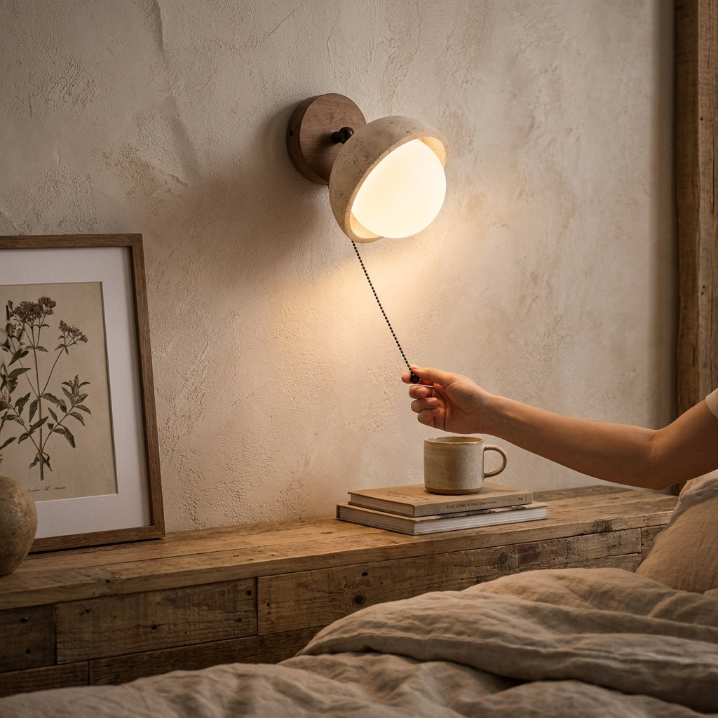 Naomi Travertine & Wood Wall Lamp lifestyle
