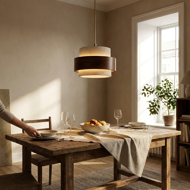 Evara Travertine Wood Pendant Lamp lifestyle