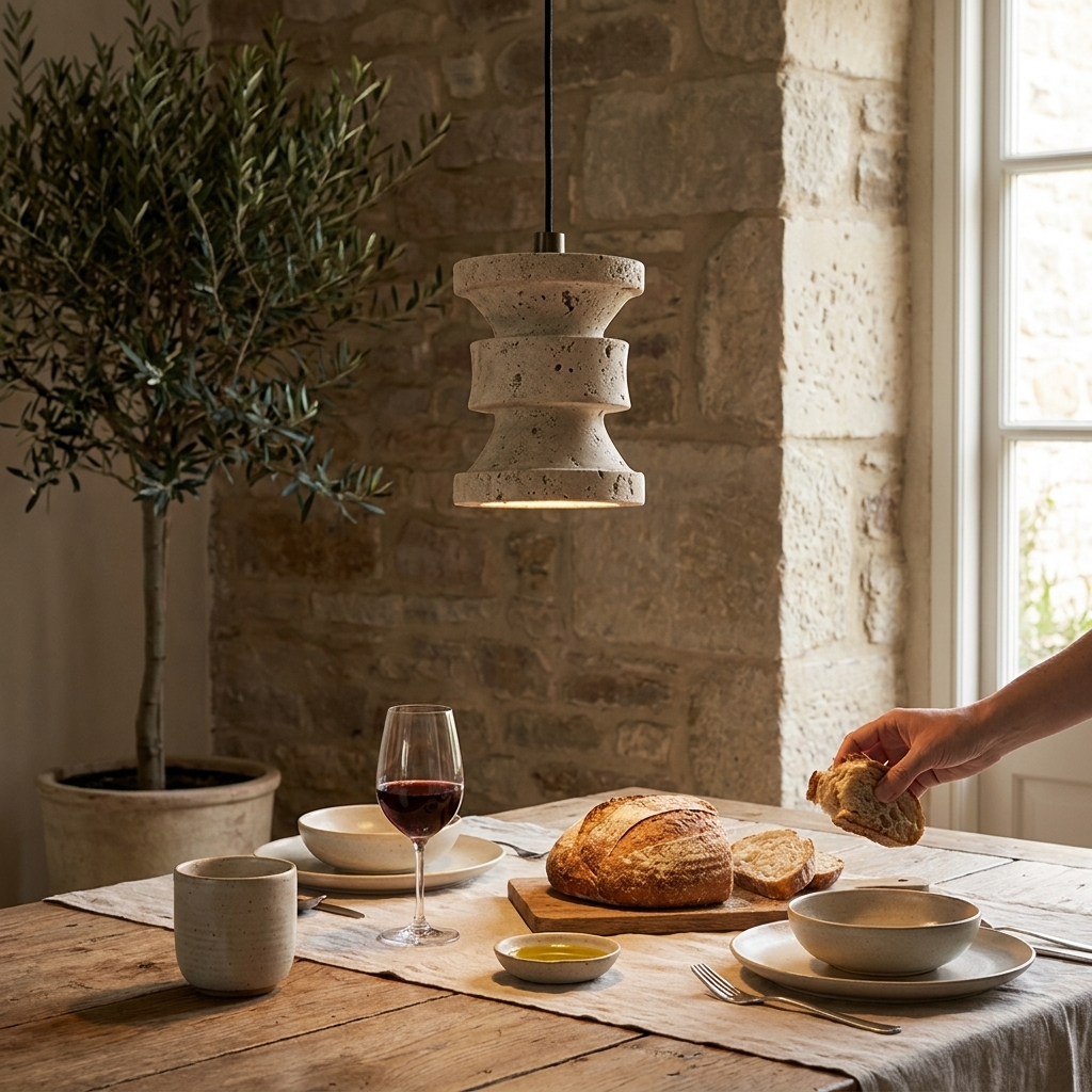 Naho travertine pendant light hanging above a kitchen island, warm diffused glow in a minimal Japandi interior