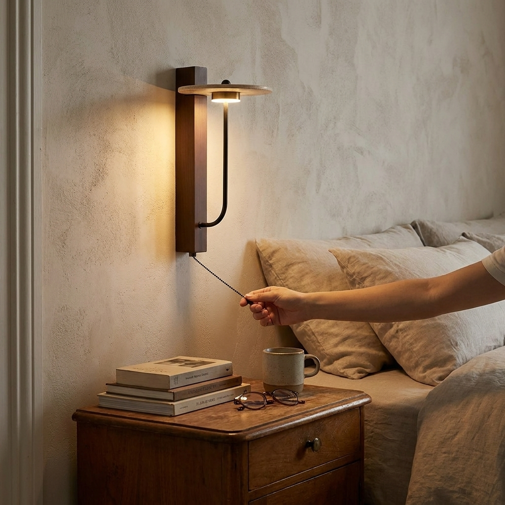 Sumi travertine arm wall light with walnut wood in a Japandi bedroom interior