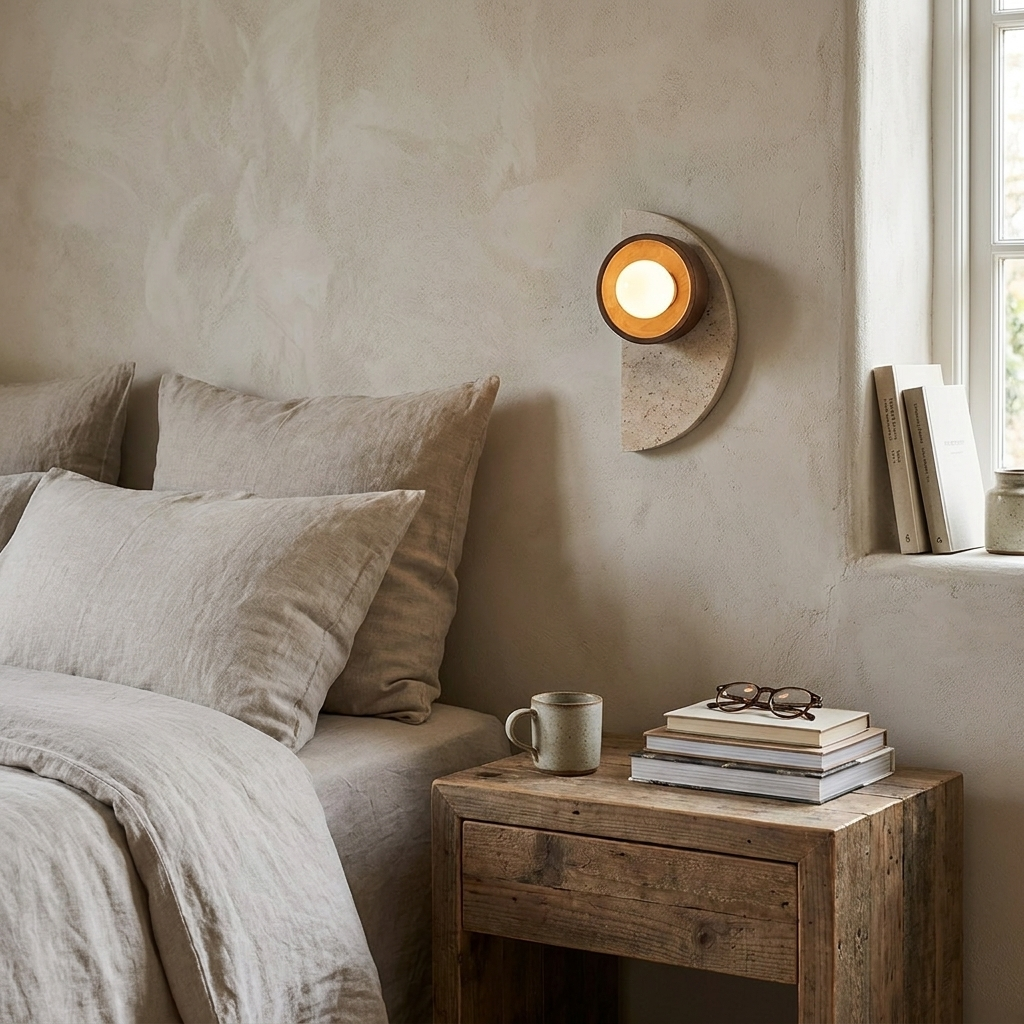 Ishi Travertine Wall Light with yellow travertine backplate and wooden bowl in a Japandi interior