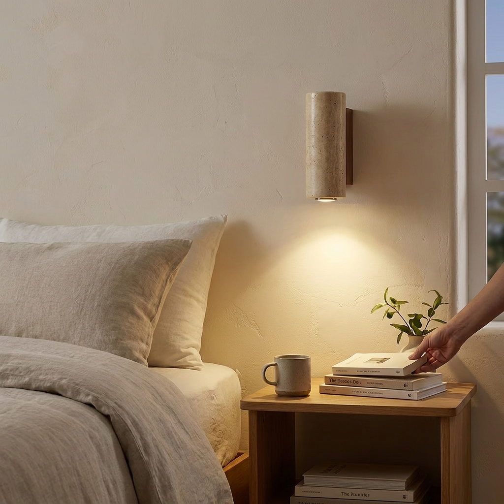 Taiko travertine plug-in wall light with walnut-tone wood base in a Japandi bedroom interior