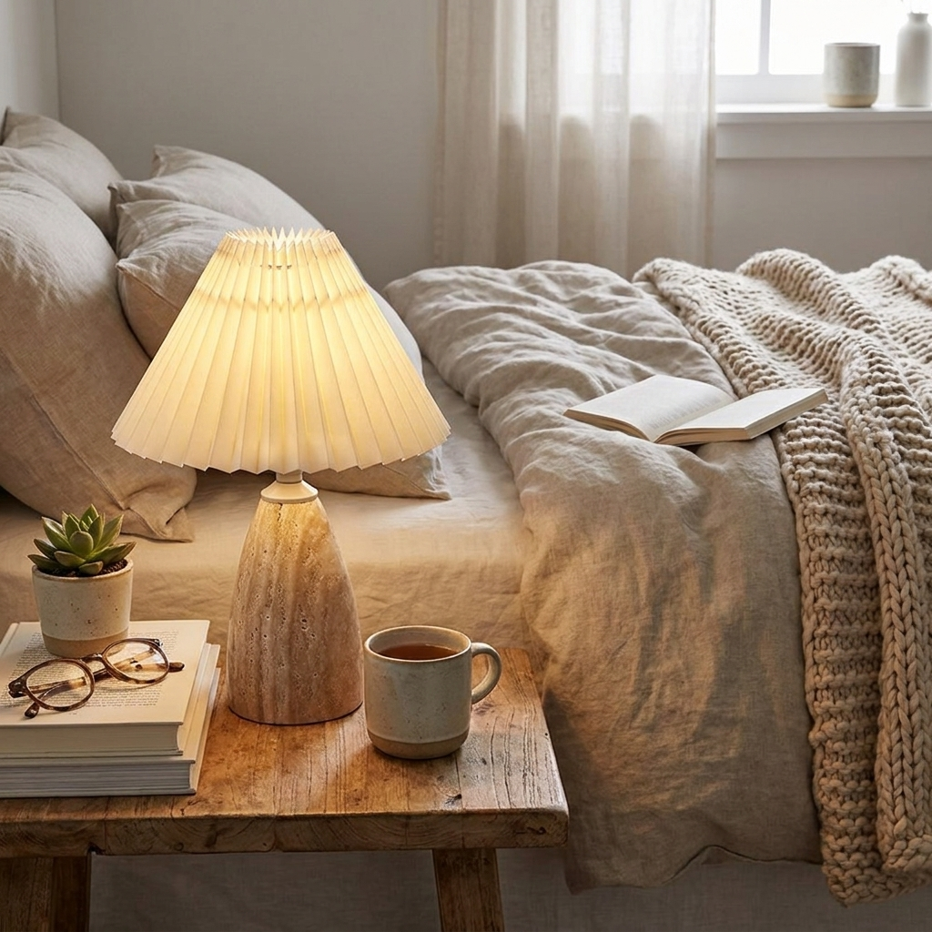 Yellow travertine table lamp on a bedside table in a calm Japandi bedroom interior