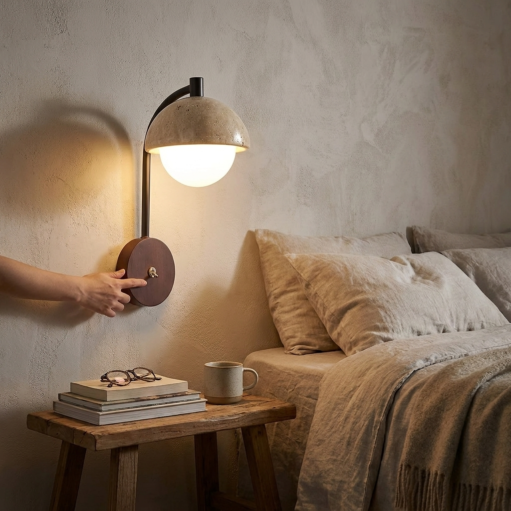 Reva travertine wall light styled in a calm Japandi interior with natural stone and Reva glass