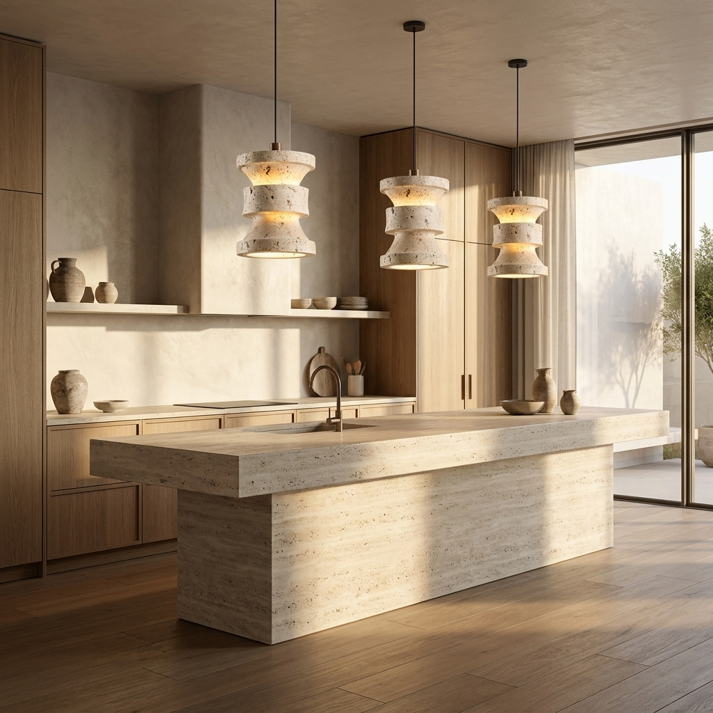 Naho travertine stone pendant light ceiling view showing adjustable cord and canopy detail