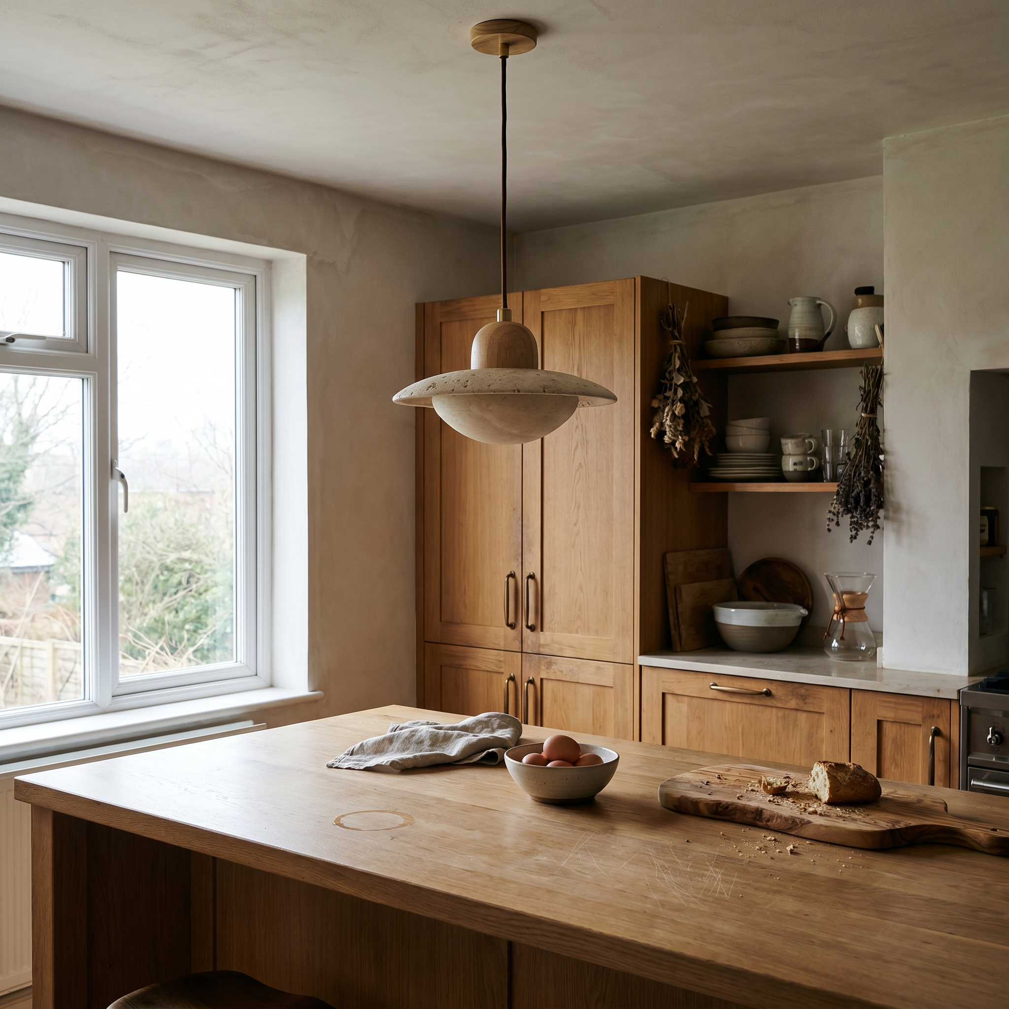 Yumi Travertine & Wood Pendant Light