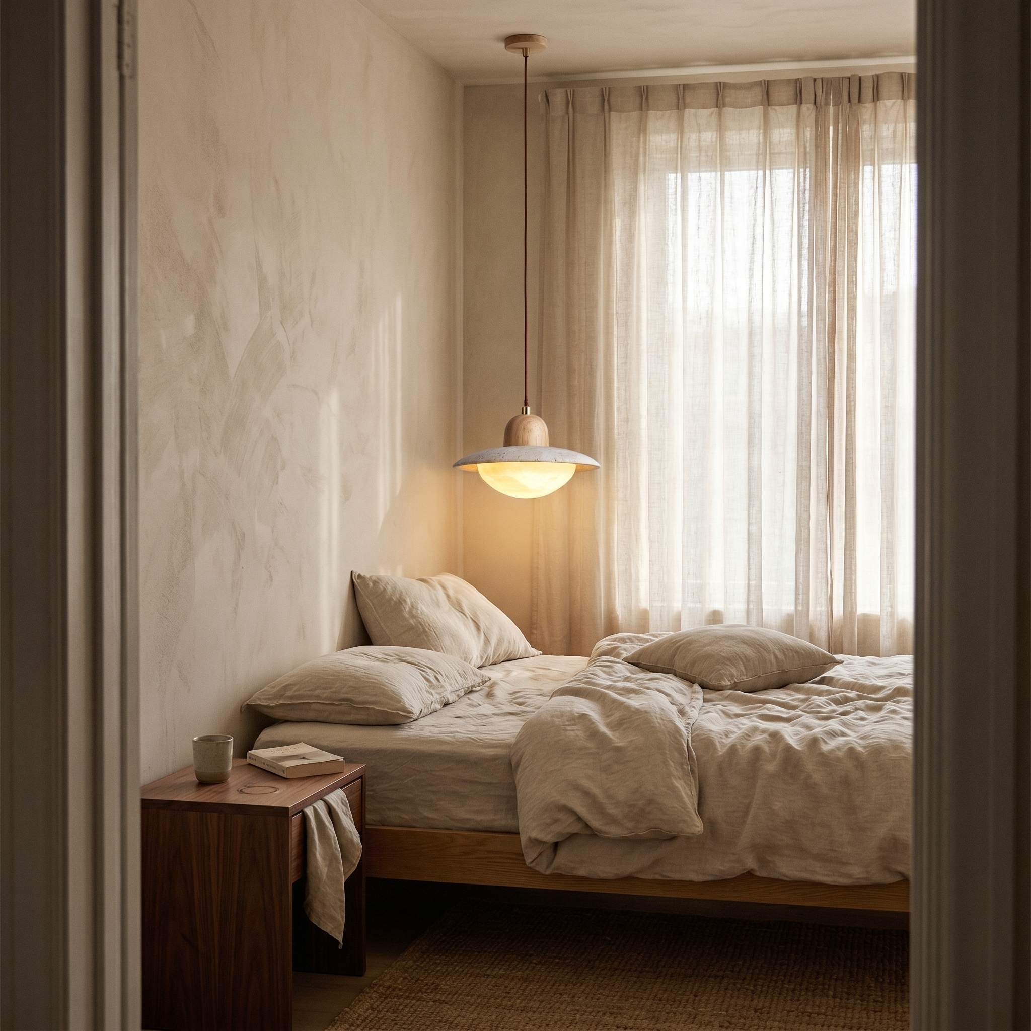 Yumi Travertine & Wood Pendant Light