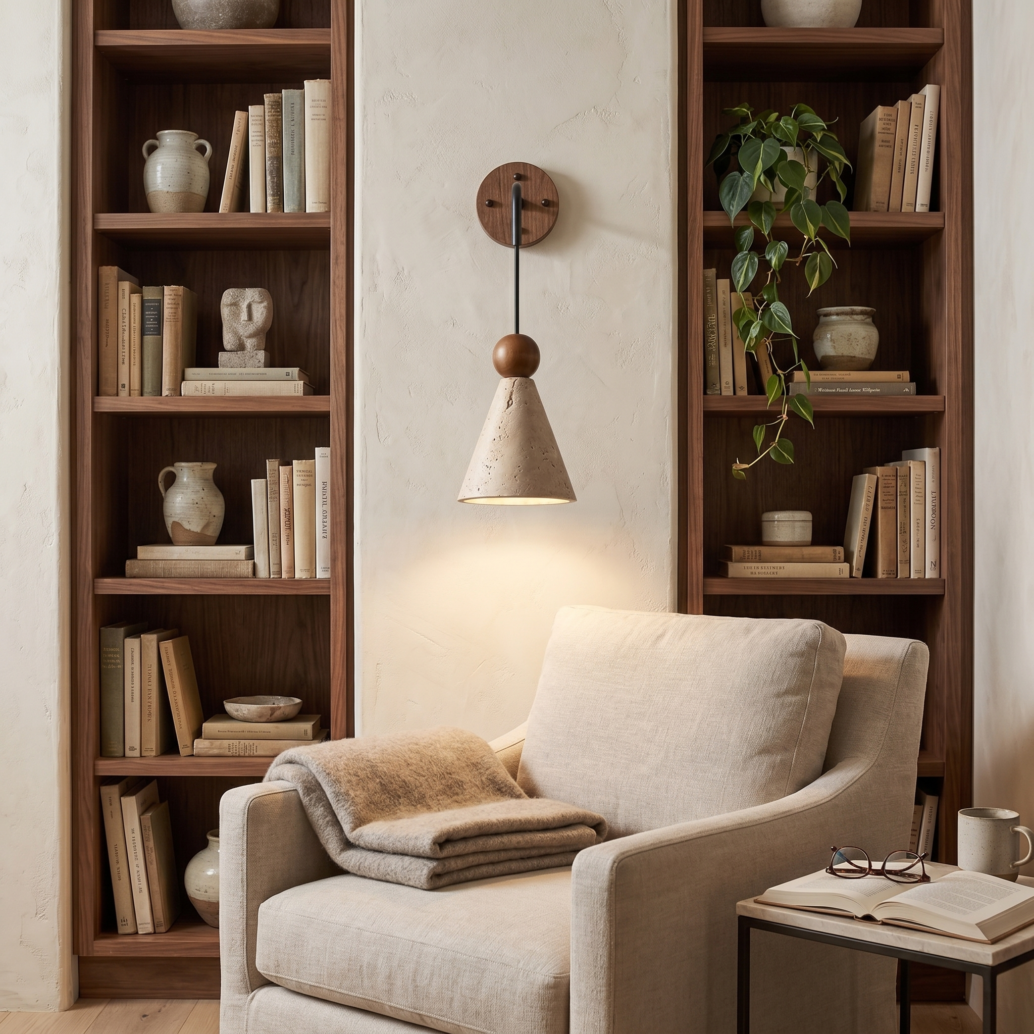 Yume Travertine Wood Bead Wall Light