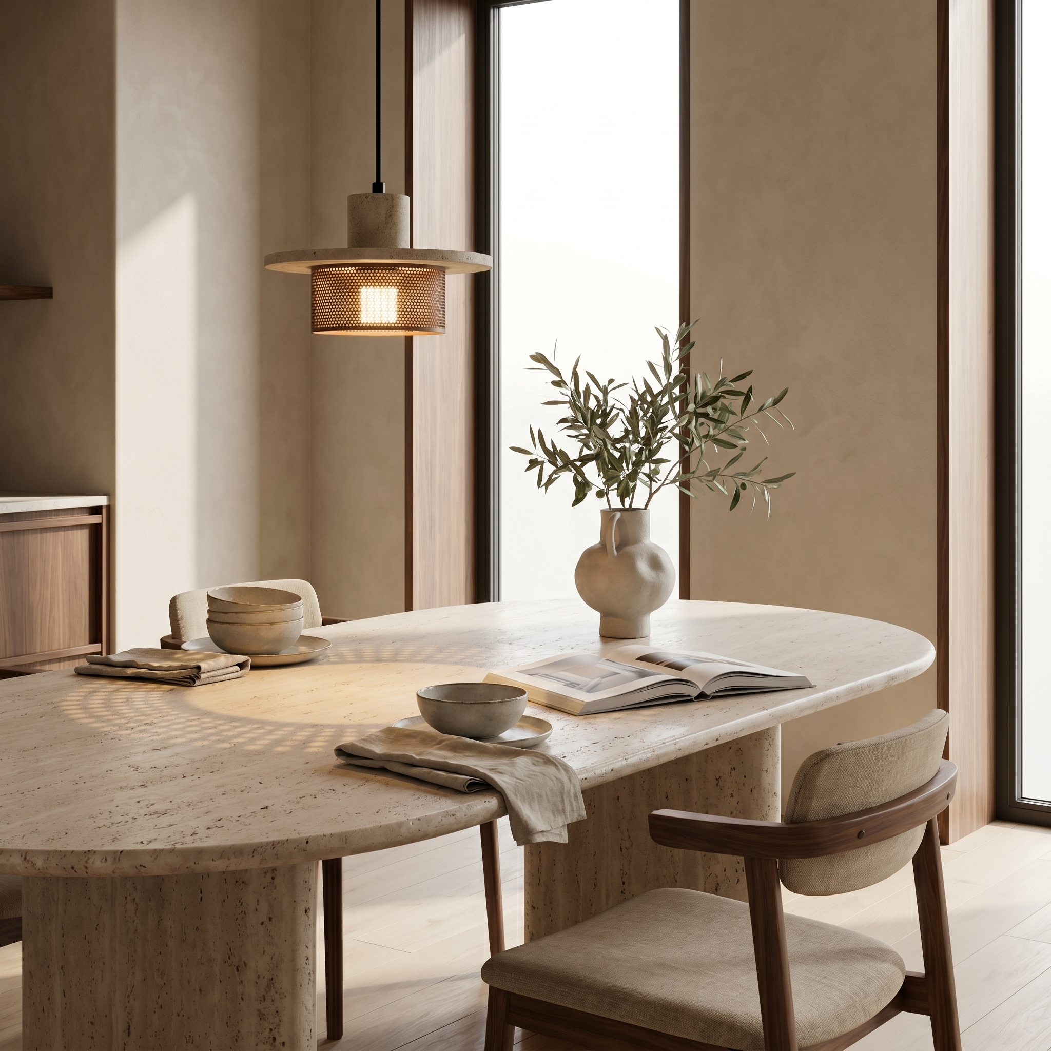 Close-up of solid yellow travertine disc on the Vesra pendant light showing natural stone texture