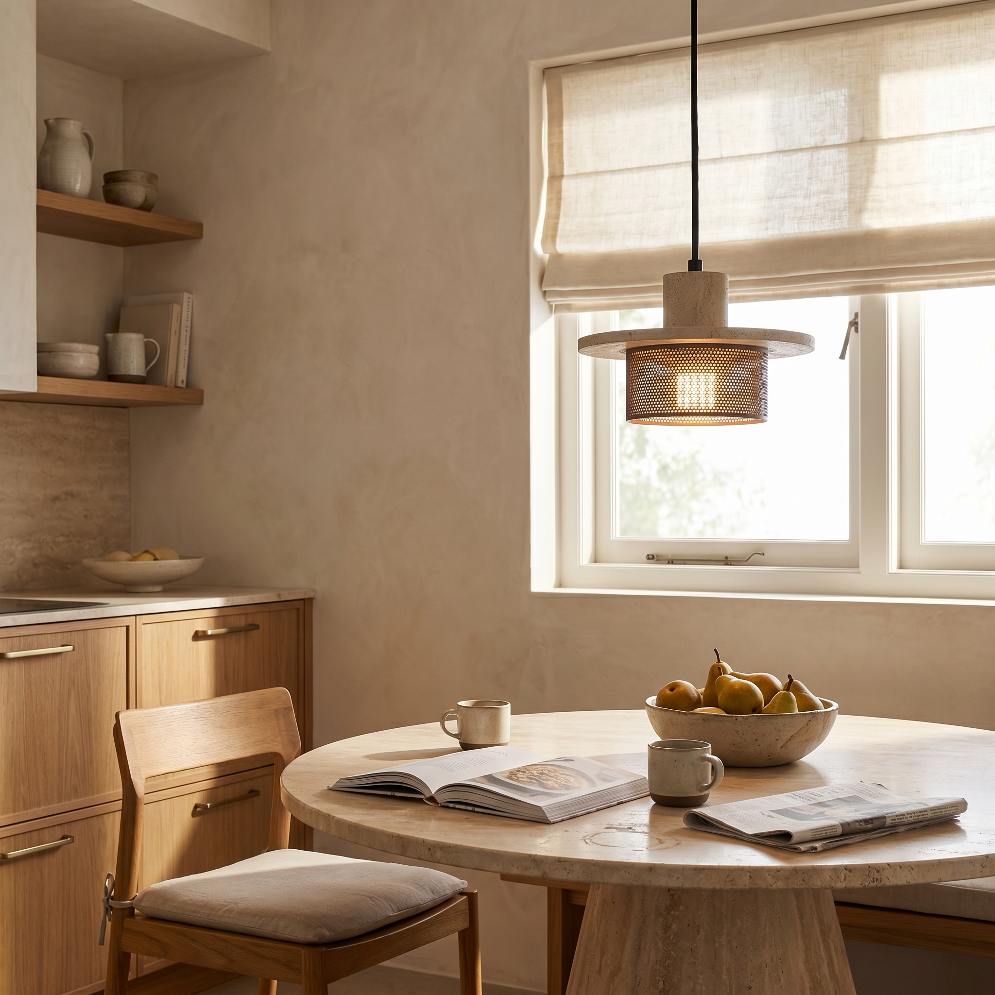 Vesra travertine pendant light with matte black perforated metal shade casting dappled light pattern