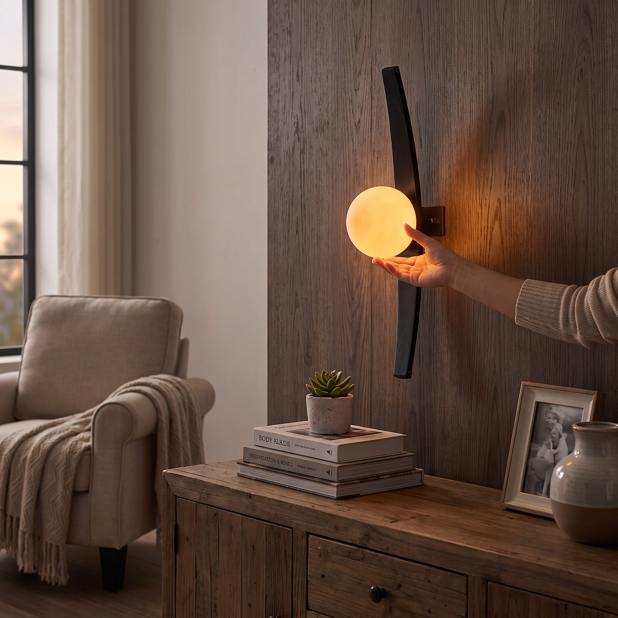 Niva Curved Wood and Glass Globe Wall Sconce lifestyle