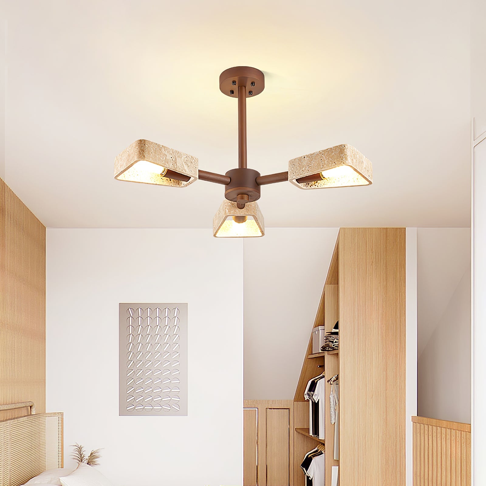 Natural material chandelier in yellow travertine and walnut wood for a calm modern home