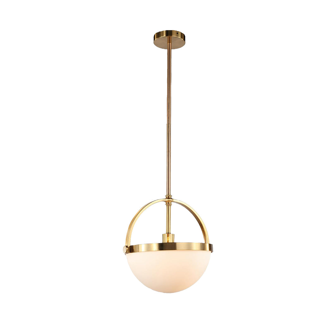 Close-up of brass ring support and adjustable rod on a gold and white frosted glass pendant light