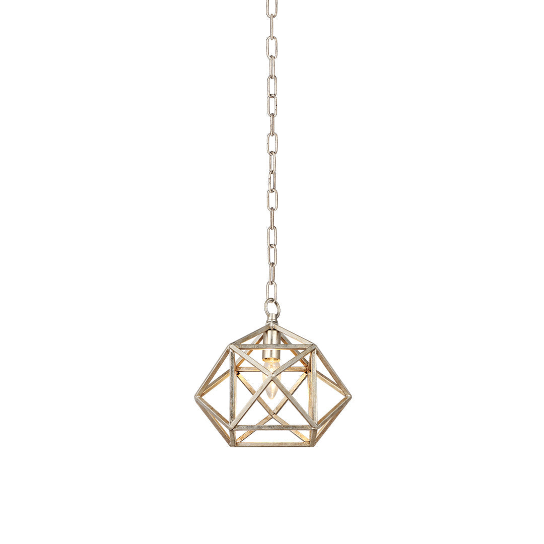 Isolated view of Aureon open multifaceted brass cage pendant light on chain suspension