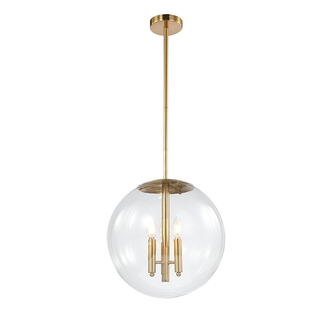Isolated three-light cluster of clear globe pendant lights with gold frames