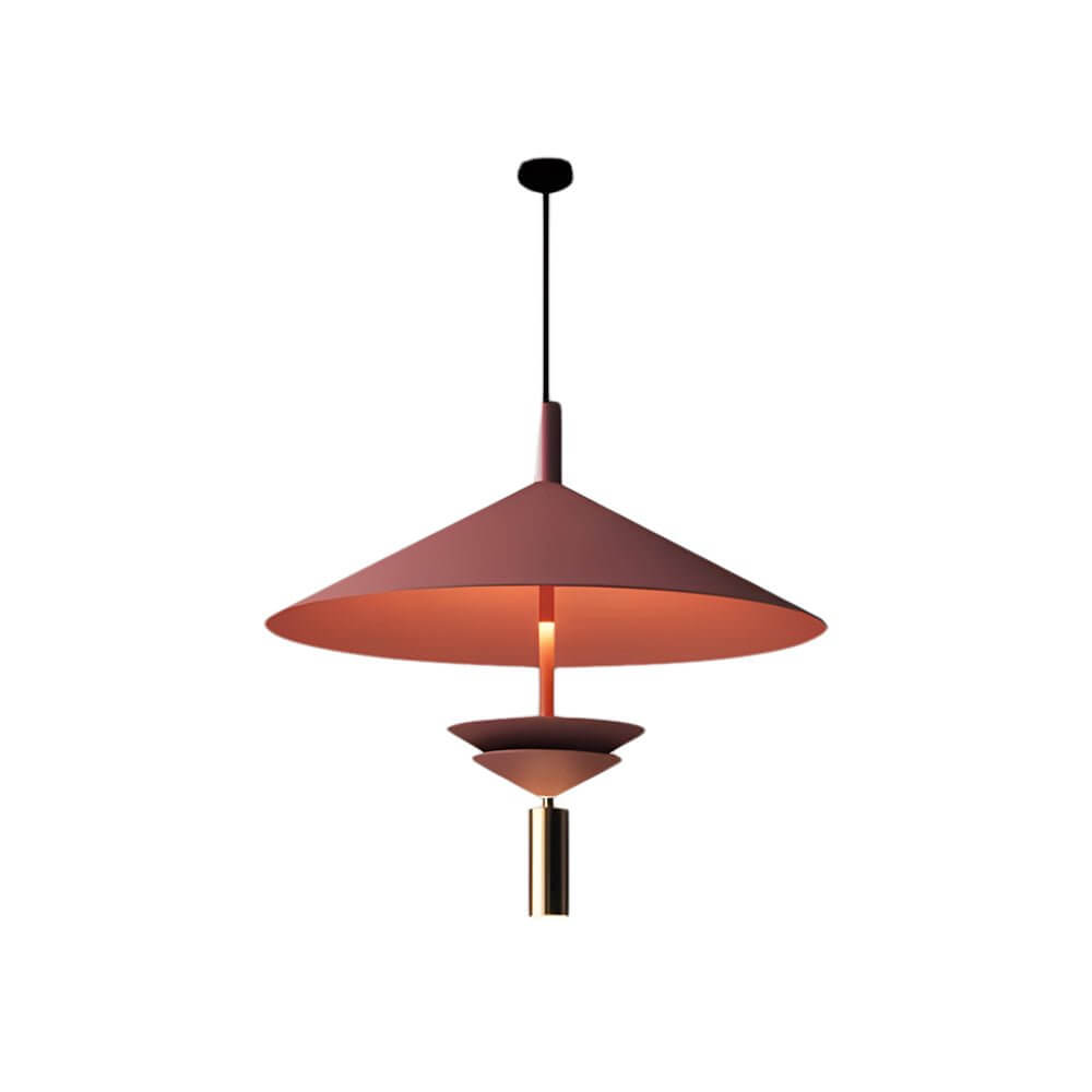 Aureon pendant light shade detail, geometric iron construction in red and white finish options