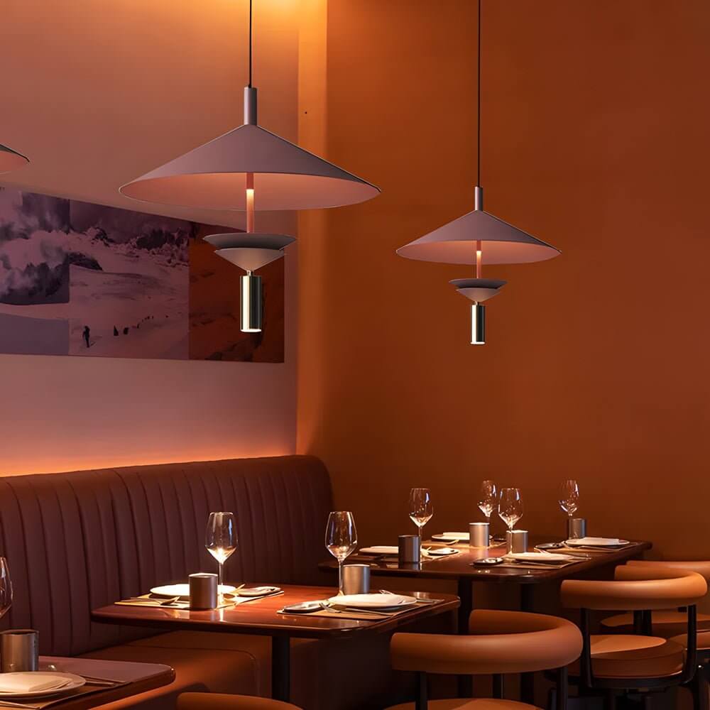 Aureon umbrella-form iron pendant light in red finish, contemporary interior ceiling light