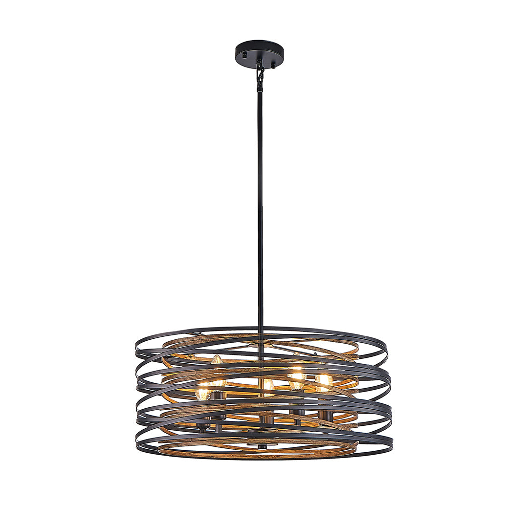 Close-up of layered metal cage construction on the Aureon black drum pendant light