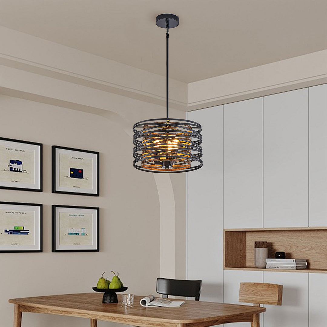 Close-up of layered metal cage and walnut wood-textured band on the Aureon pendant light