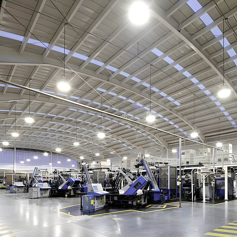 Aureon industrial pendant lights installed above a busy manufacturing area with machinery