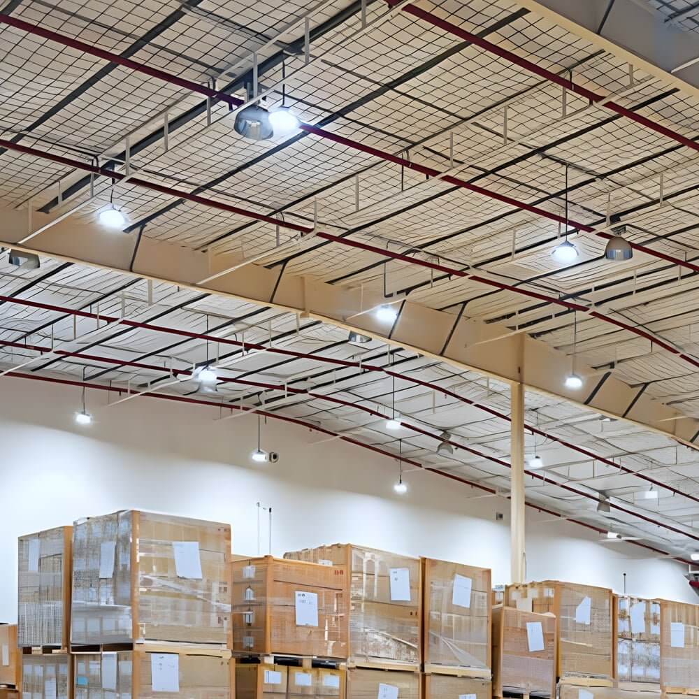 Aureon LED warehouse ceiling light delivering efficient illumination against white industrial walls