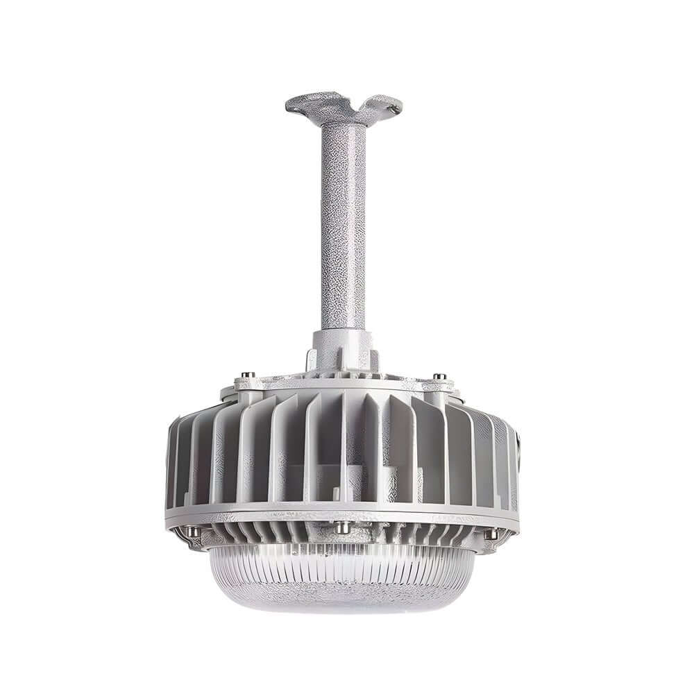Aureon explosion-proof industrial LED pendant light, front view, die-cast aluminum and tempered glass