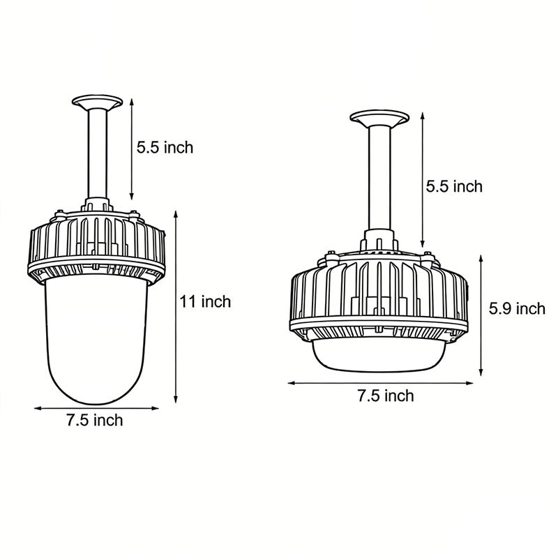 Line drawing of Aureon industrial pendant light showing installation dimensions and mounting specifications