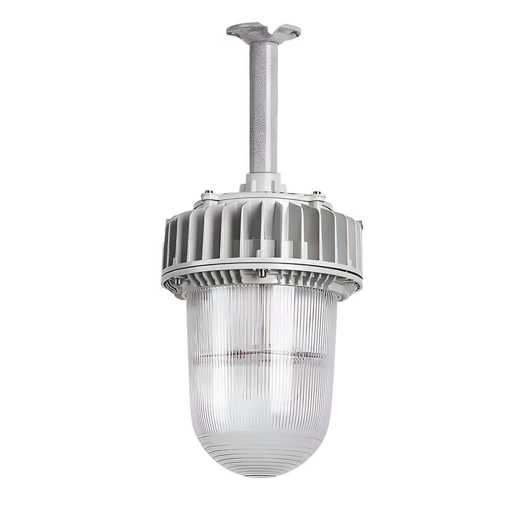 Aureon industrial LED pendant light, side perspective showing aluminum housing structure and downrod