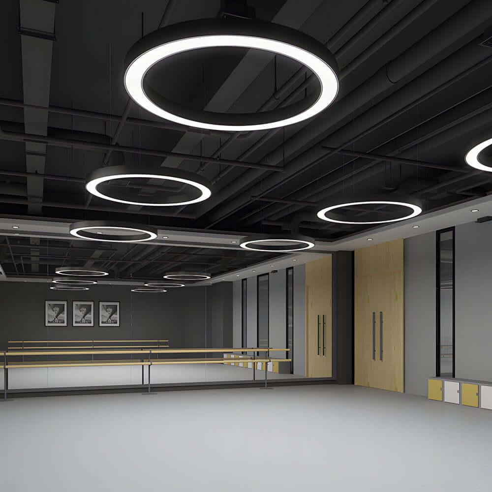 Aureon dimmable ring pendant light, black metal and acrylic modern ceiling fixture