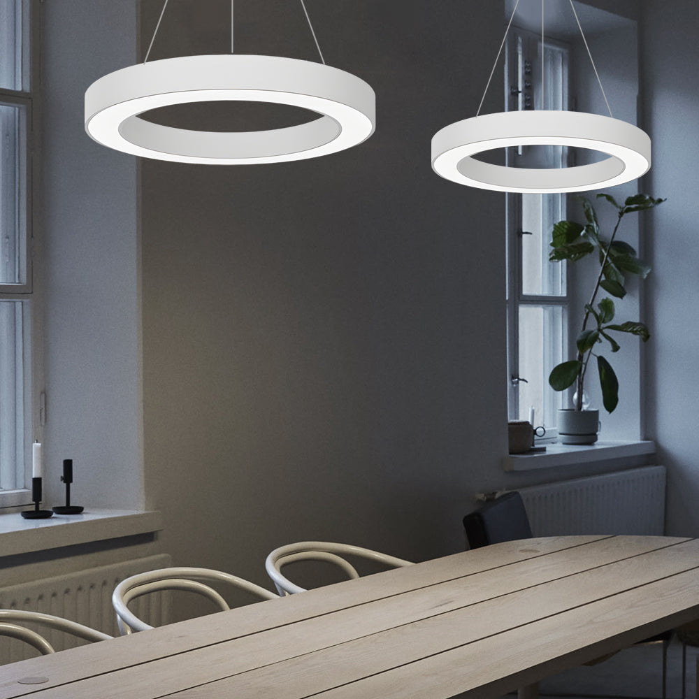 Aureon ring ceiling light showing iron frame and acrylic diffuser construction detail