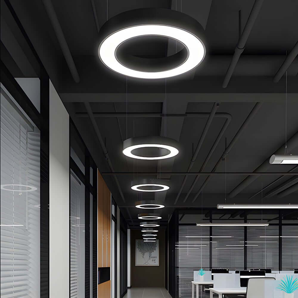 Aureon ring pendant ceiling light in black, circular LED fixture for office and living room
