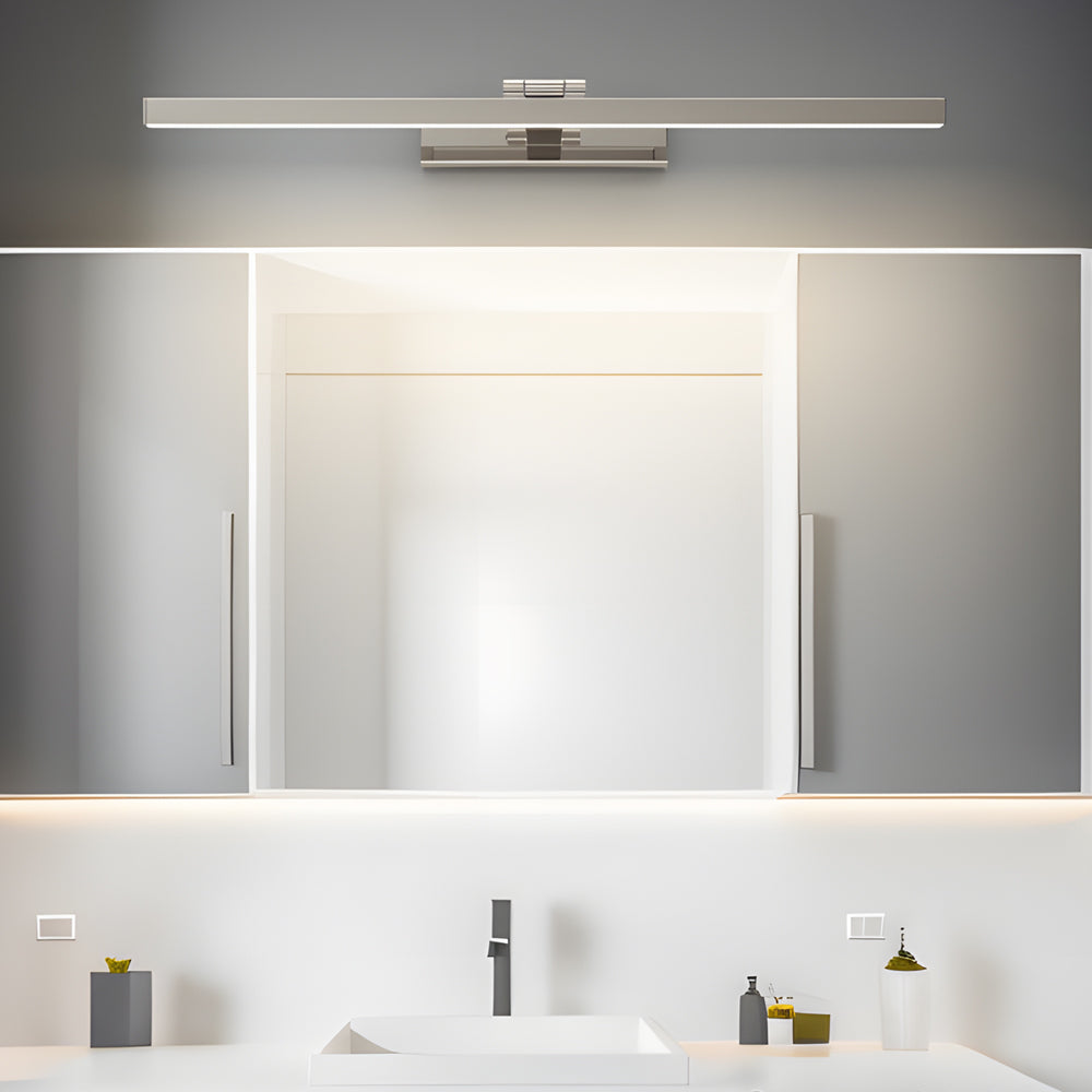 Modern LED vanity light bar above a double-sink bathroom vanity unit