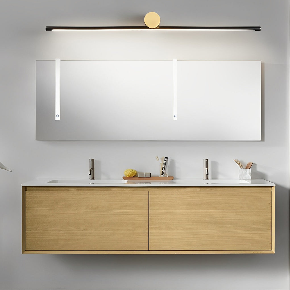 Viora linear vanity light bar installed above a double bathroom mirror