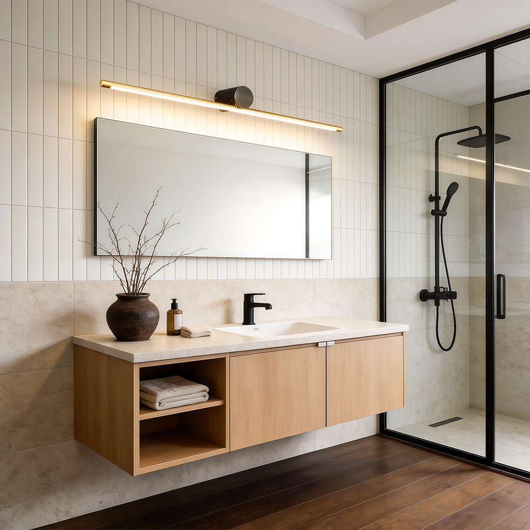 Viora linear vanity bar wall-mounted above a floating vanity unit showing installation position