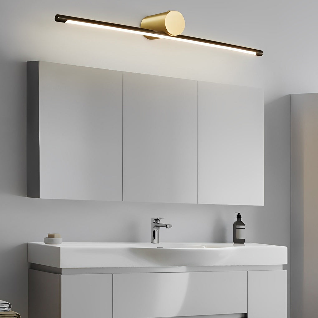 Viora black and gold LED vanity bar above a mirror in a minimalist grey bathroom