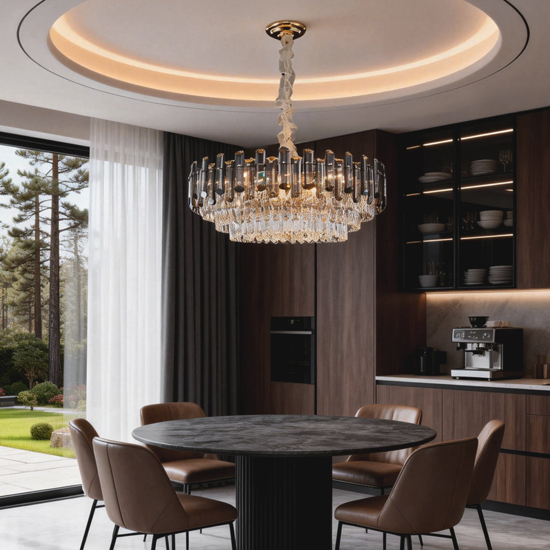 Auréline gold iron frame crystal chandelier above a dining table in a modern interior