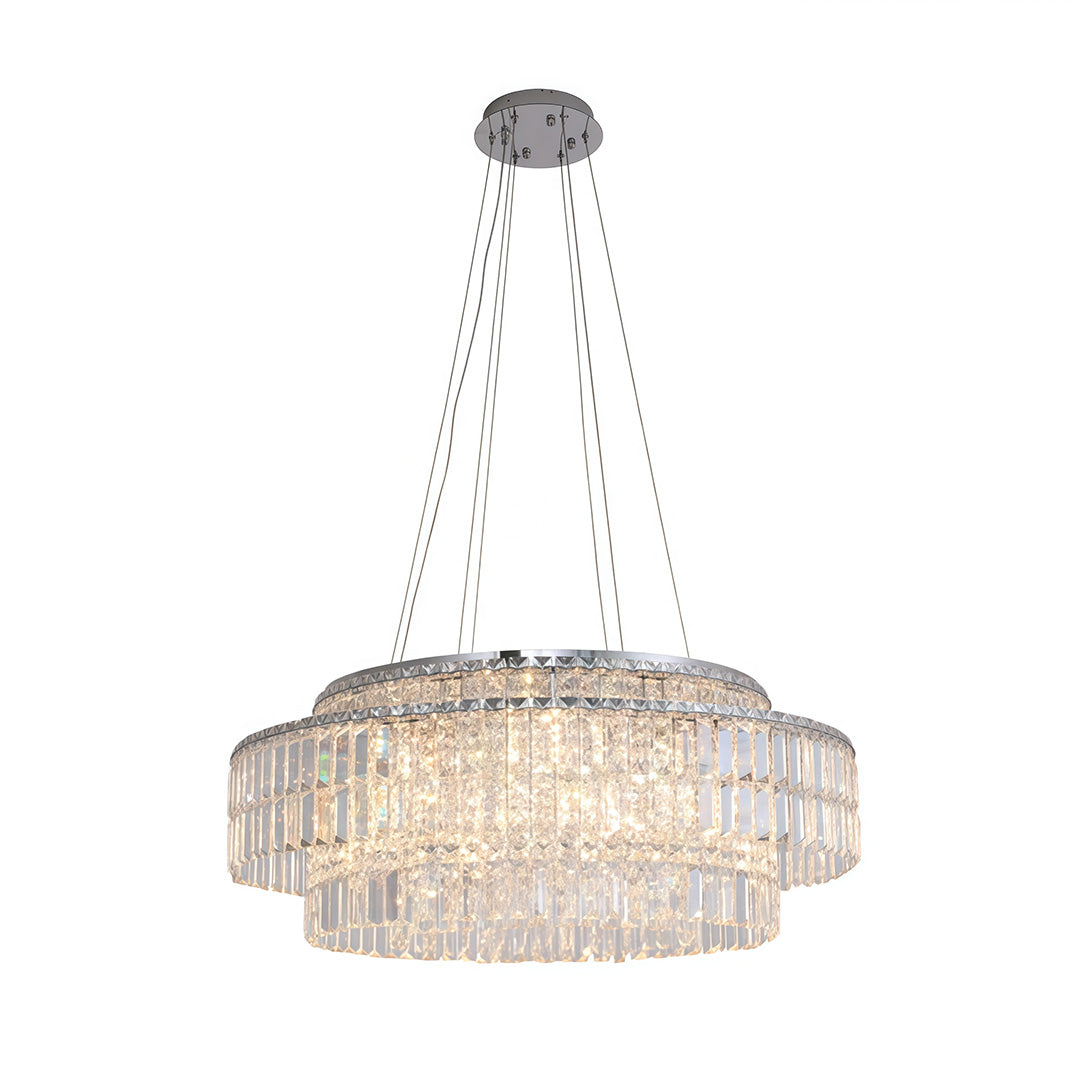 Luxury round crystal chandelier with layered drum silhouette and clear glass drop crystals