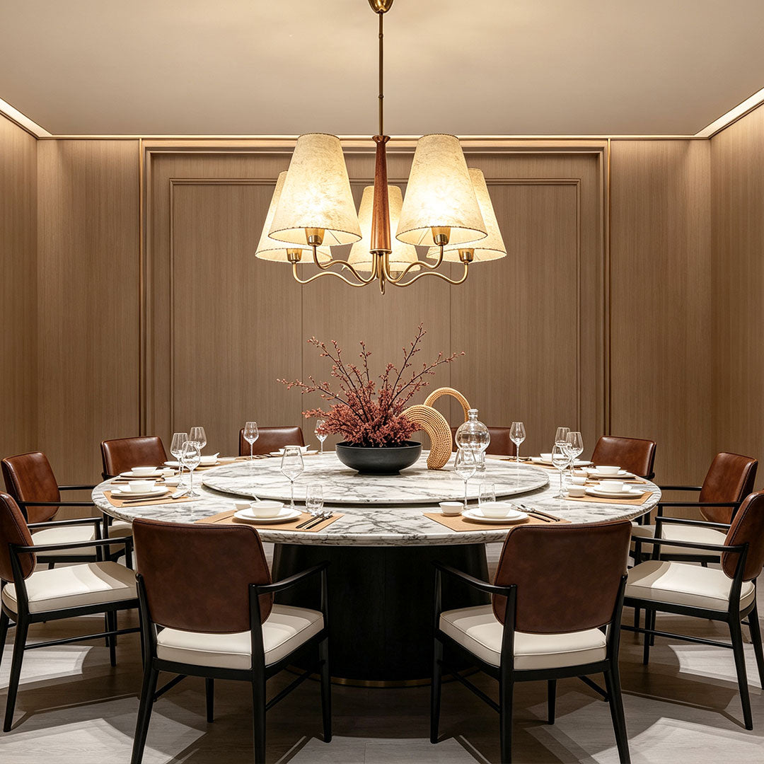 Auréline five-light iron chandelier with copper tone finish and fabric shades, dining room ceiling light