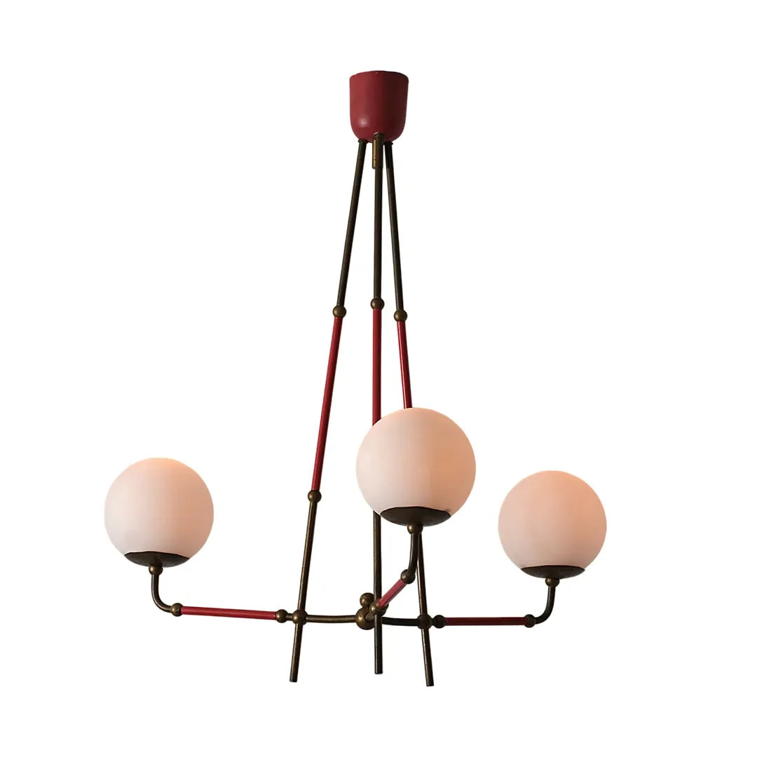 Auréline three-arm copper iron chandelier with white glass shades, full product view