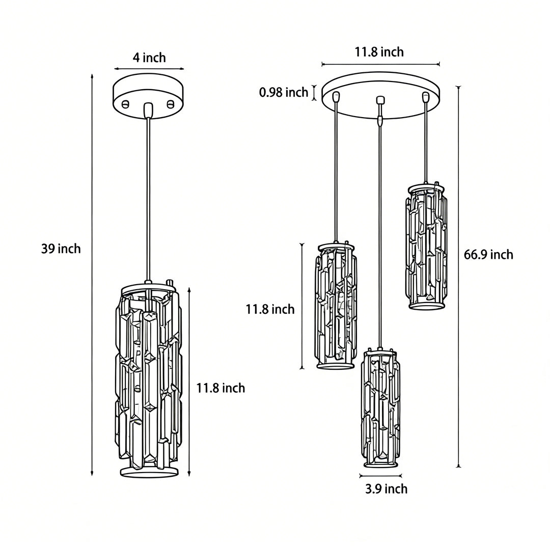 Aureon crystal pendant light dimensions diagram showing height and shade size