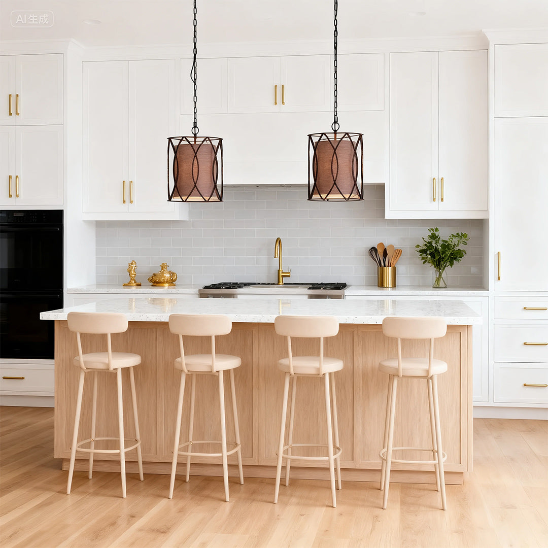 Aureon linen shade black pendant light in a minimalist white kitchen