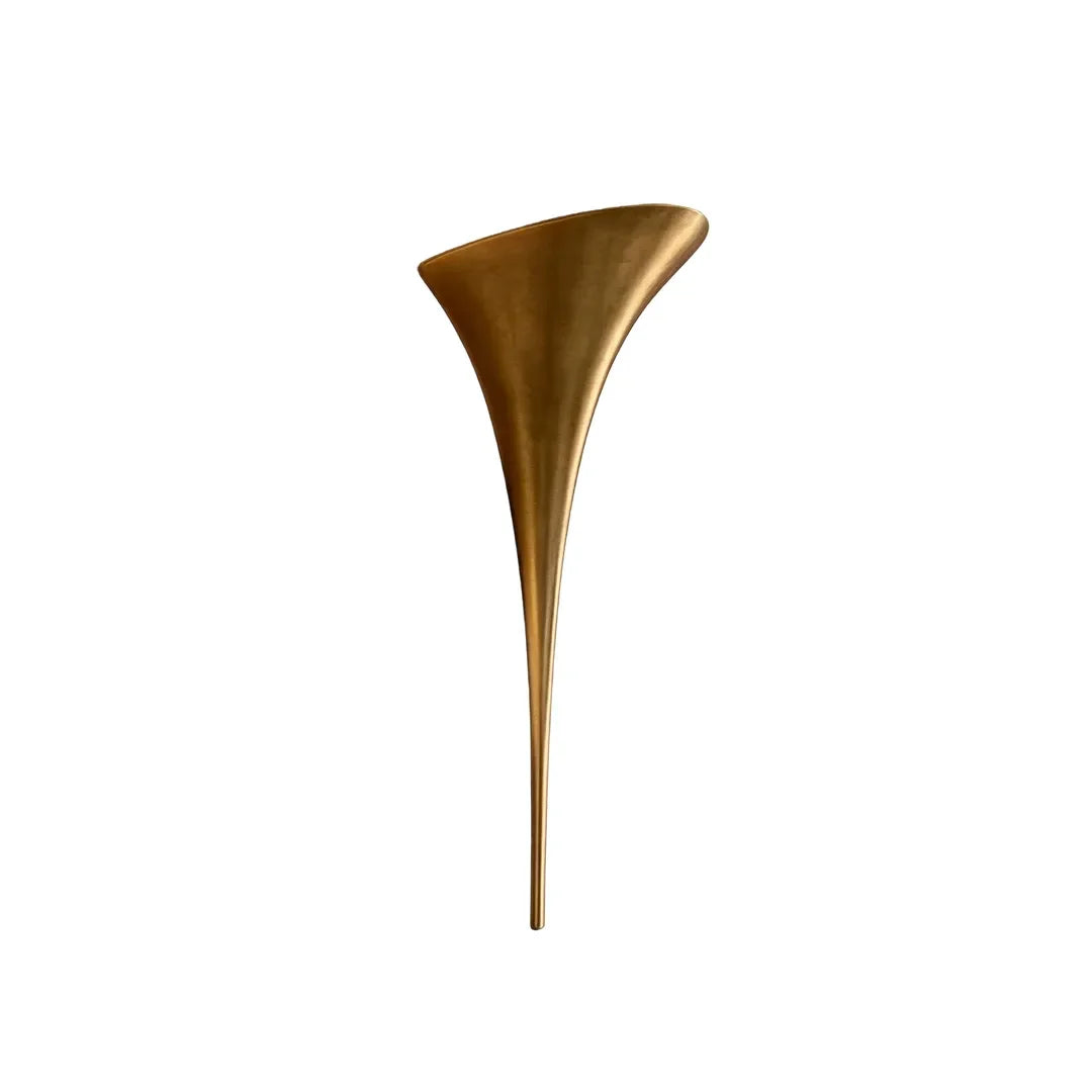 Modern brass wall sconce in gold finish, small size, sculptural trumpet silhouette