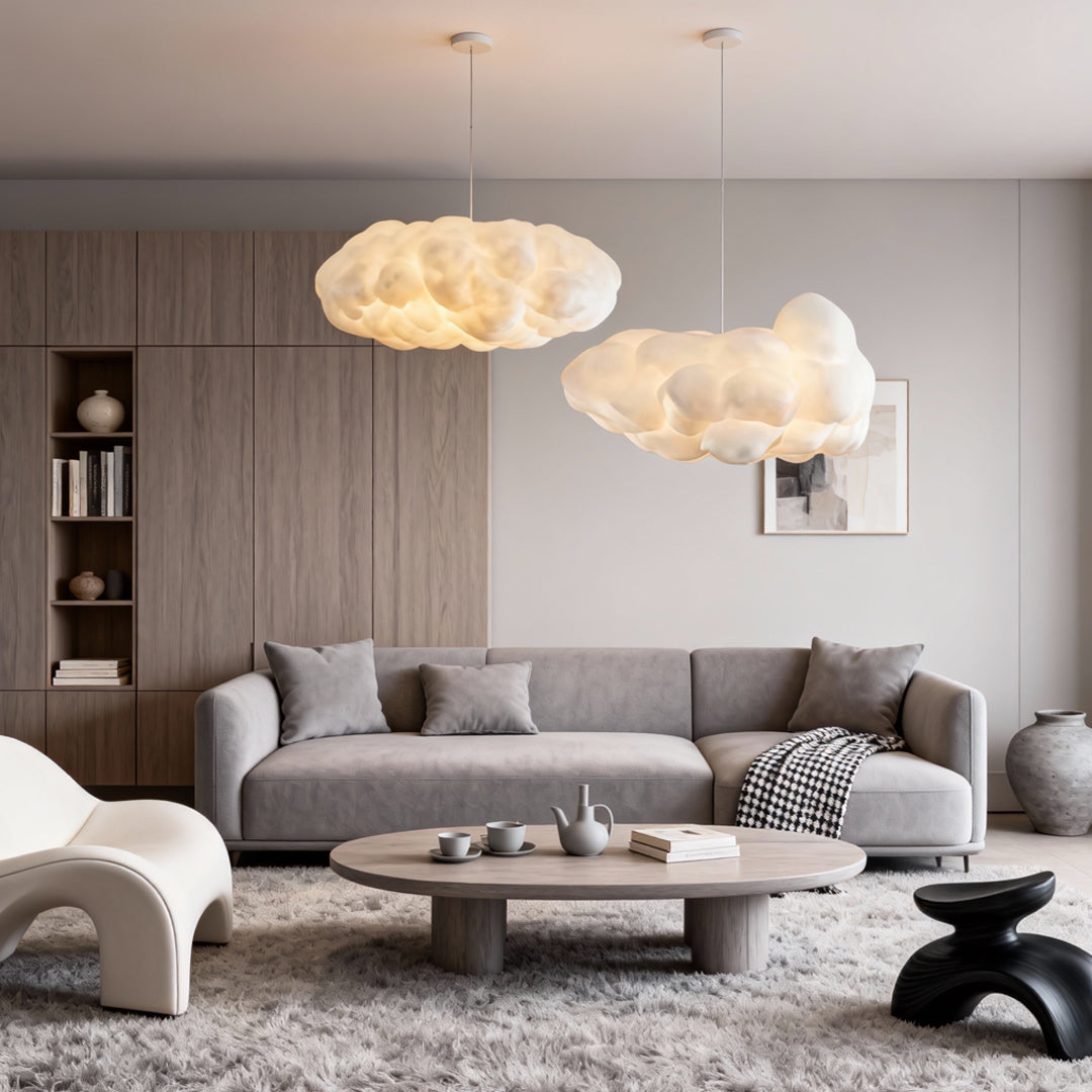 Modern cloud pendant light with fabric shade in a contemporary living room