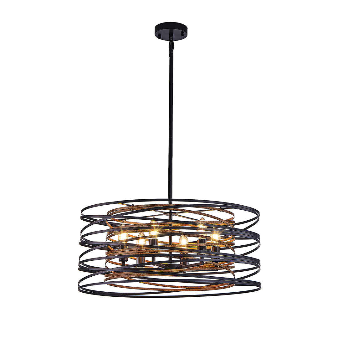 Aureon black drum pendant light installed in a modern living room interior