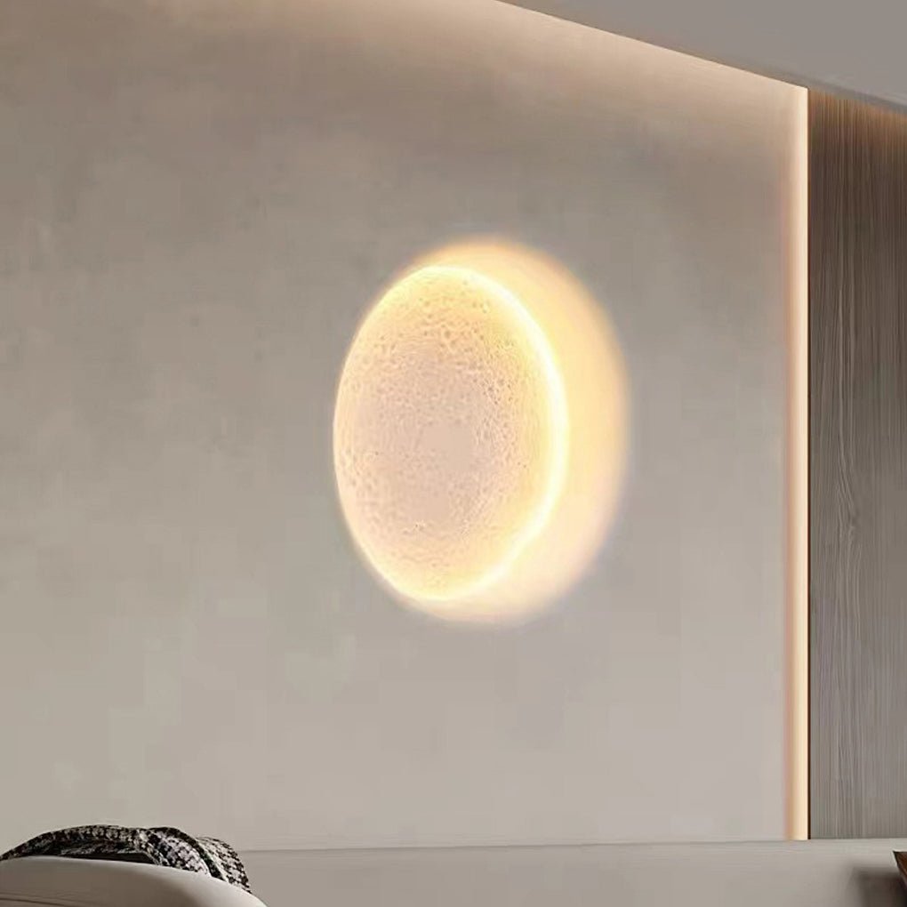 Alure gypsum wall light close-up showing hand-sanded surface texture and anti-glare LED illumination