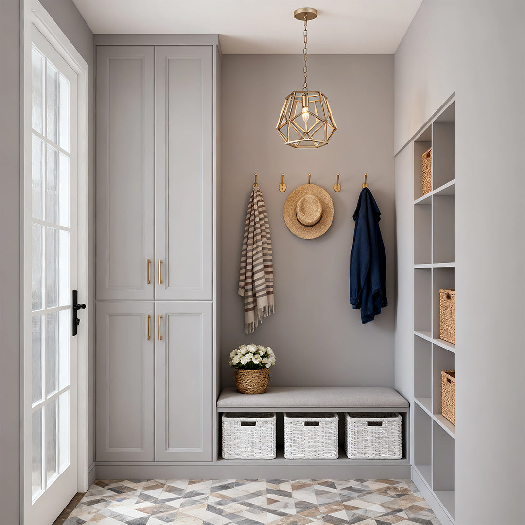 Gold pendant light providing focused ambient lighting in a mudroom with grey cabinets and bench