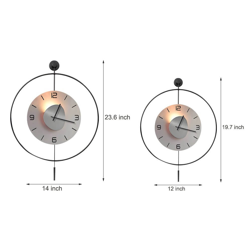 Alure LED wall clock line drawing showing dimensions and wall installation specifications